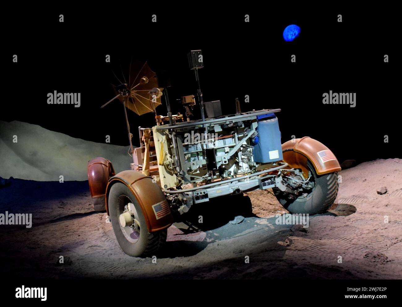 Mostra di Lunar Rover Trainer al centro spaziale di houston in texas che è stato portato sulla superficie della Luna (e lasciato lì) nelle ultime tre missioni Apollo Foto Stock