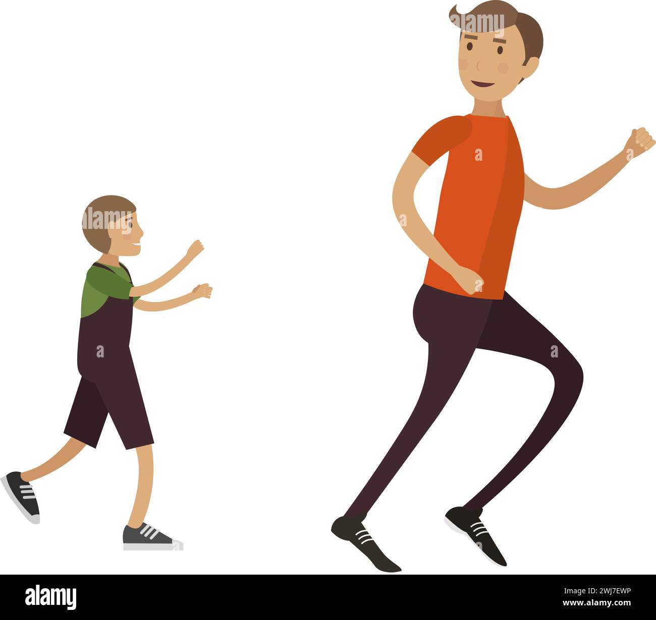 Piccolo figlio che insegue l'icona vettoriale di papà isolata sul bianco Illustrazione Vettoriale