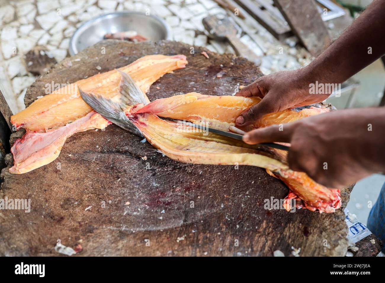 pesce fresco tagliato al dettaglio per la vendita al dettaglio in giornata da diverse angolazioni Foto Stock