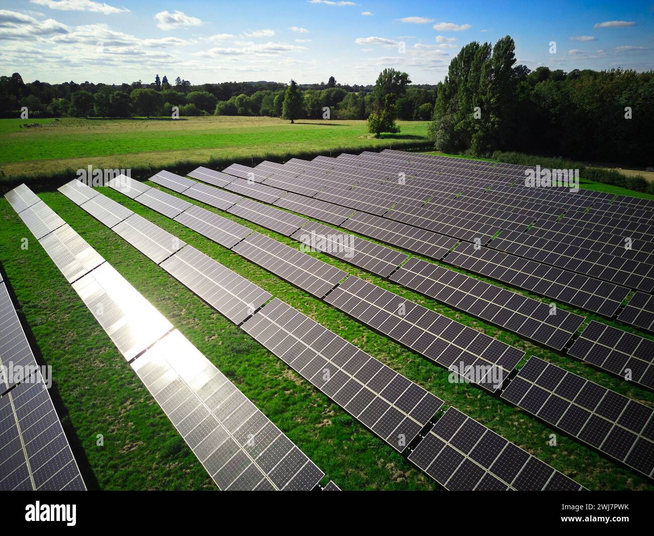 Drone aereo di pannelli solari in campo che generano energia rinnovabile sostenibile in campagna Foto Stock