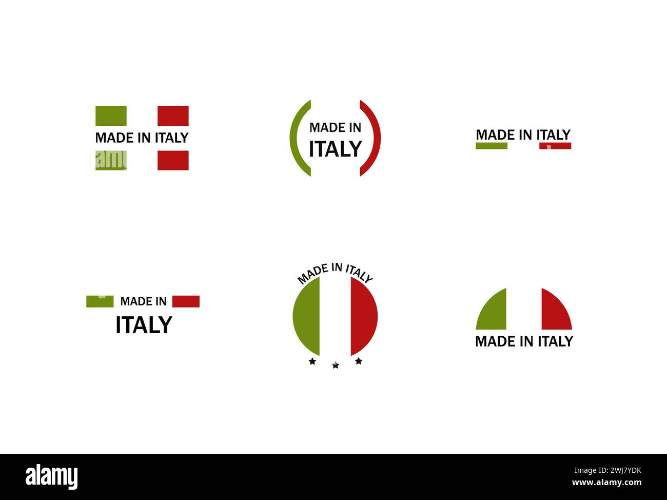 Set etichette Made in italy. Adesivo di produzione aziendale con bandiera italiana Illustrazione Vettoriale