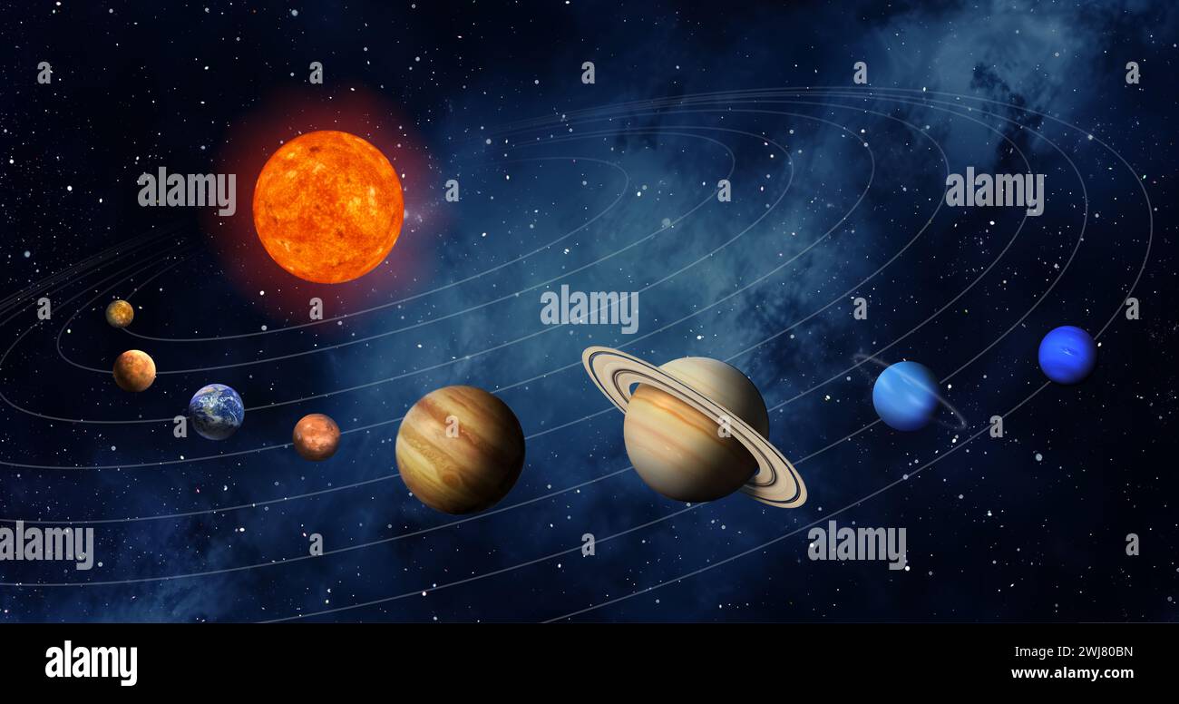 sole e pianeti illustrazione realistica dello spazio del sistema solare Foto Stock
