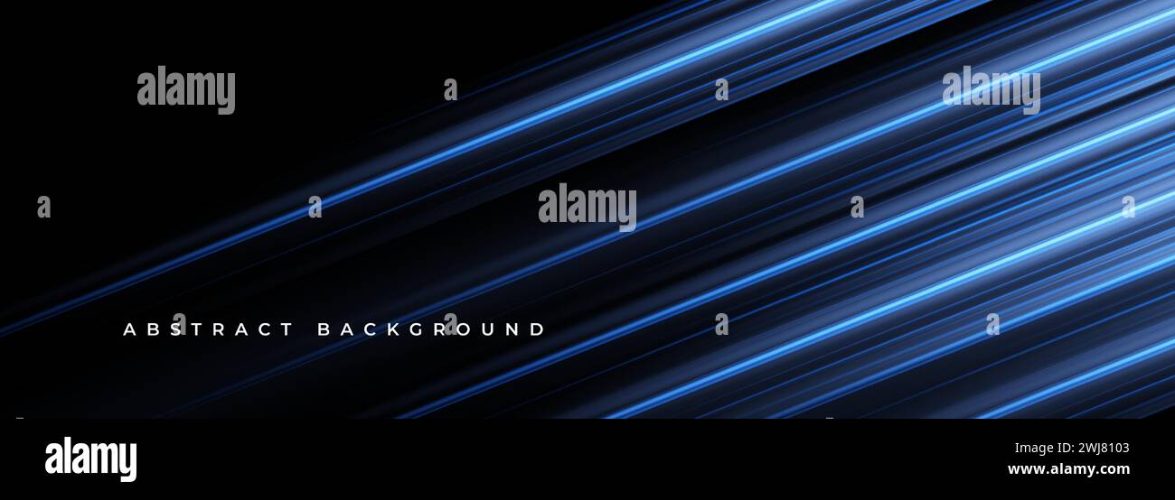 Striscione nero con tecnologia orizzontale astratta con linee diagonali al neon blu. Illustrazione vettoriale sfondo scuro elegante. Illustrazione Vettoriale