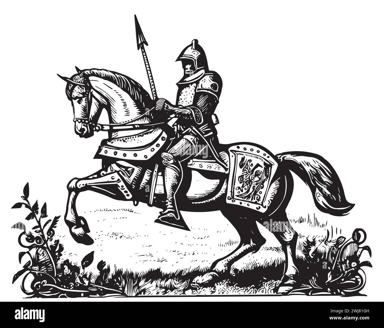 Cavaliere armato medievale a cavallo. Antico carattere militare storico. Principe con una spada e uno scudo. Antico combattente. Schizzo vettoriale vintage. E Illustrazione Vettoriale
