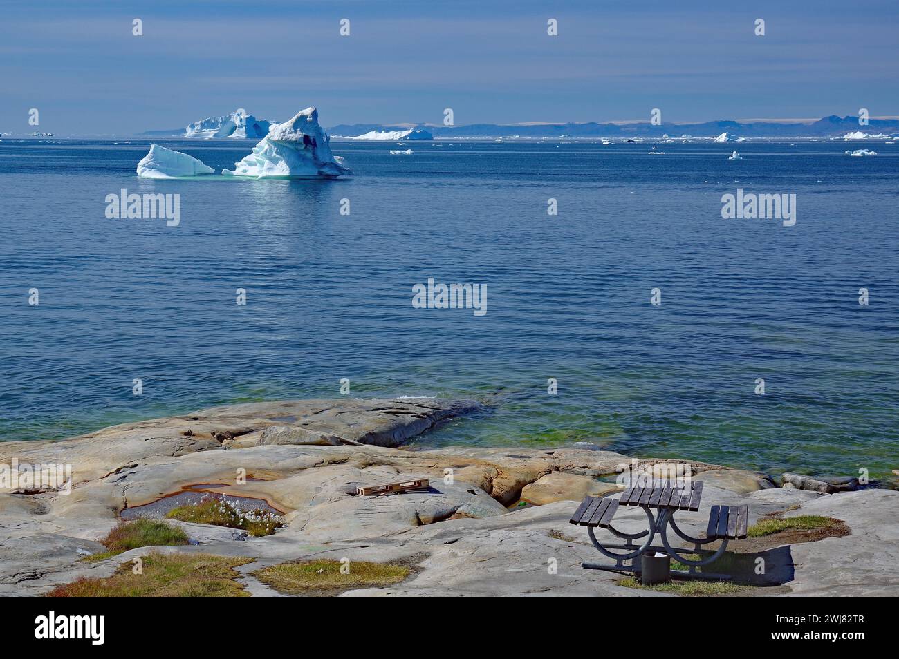 Panchina sul bordo roccioso di una baia coperta di iceberg, Ilulissat, Artico, Disko Bay, Groenlandia, Danimarca Foto Stock