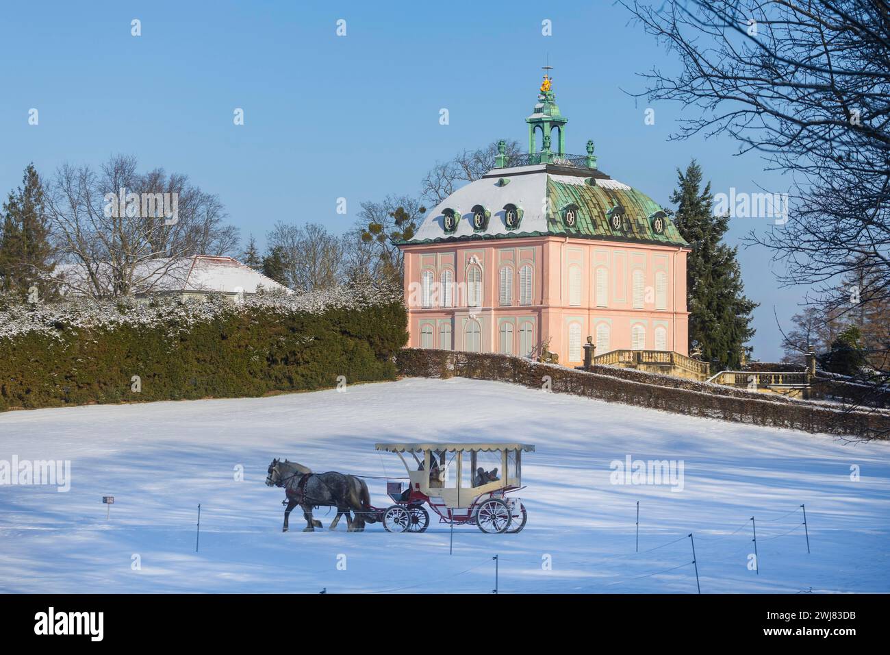Giro in carrozza al castello fagiano di Moritzburg, Moritzburg, Sassonia, Germania Foto Stock