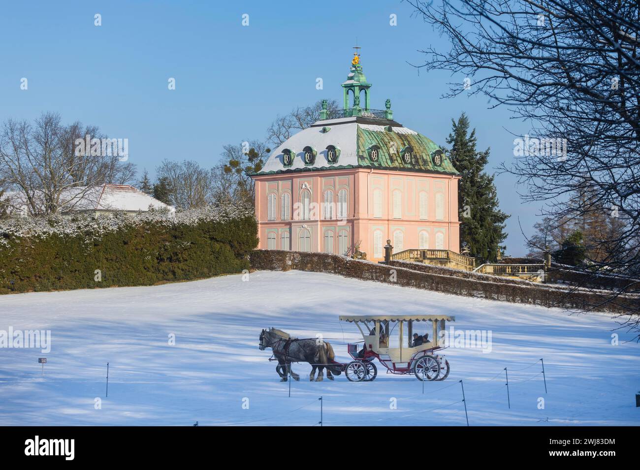 Giro in carrozza al castello fagiano di Moritzburg, Moritzburg, Sassonia, Germania Foto Stock