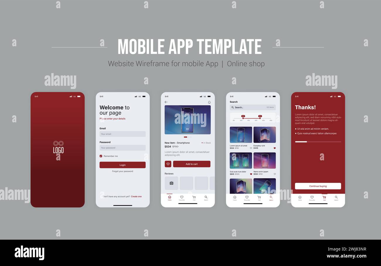 App UI smartphone. Schermate del telefono per l'applicazione del negozio. Interfaccia mobile con accesso all'account e carrello. Illustrazione Vettoriale