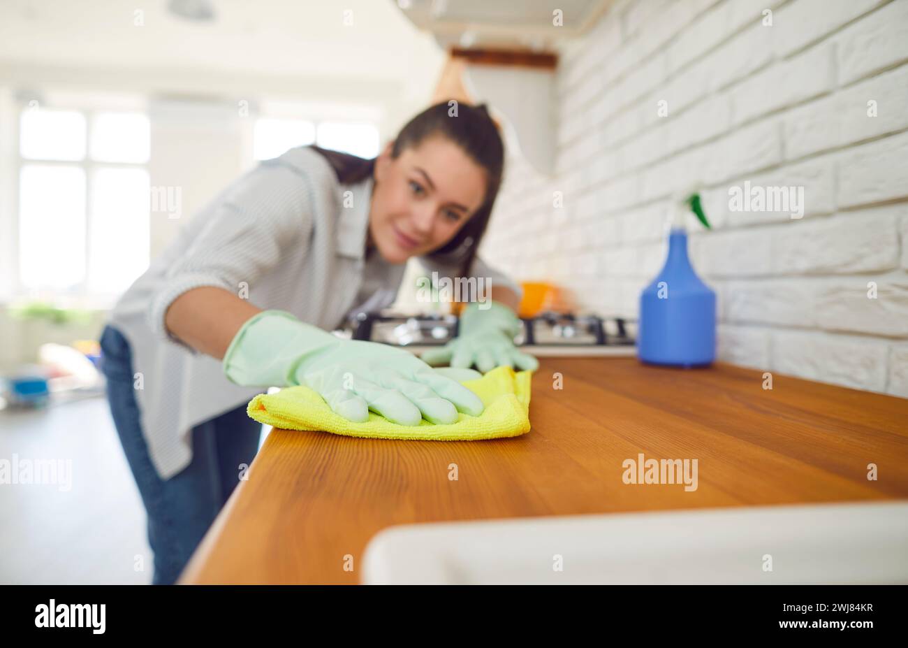 Pulitore donna per la lucidatura dei panni da cucina, casalinga felice, servizio di pulizia professionale Foto Stock