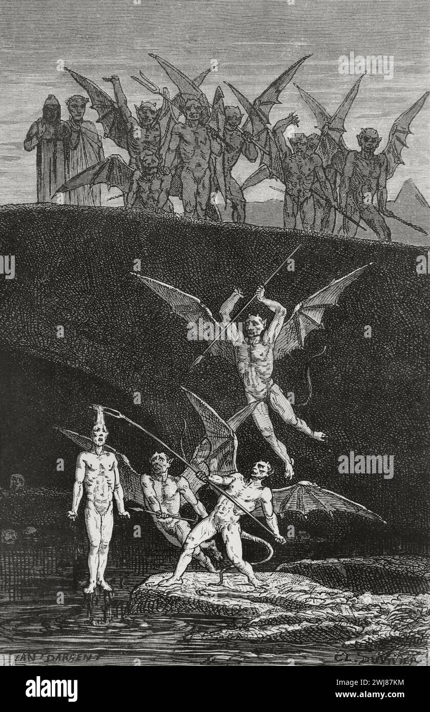 La Divina Commedia (1307-1321). Poema narrativo italiano del poeta italiano Dante Alighieri (1265-1321). Inferno (Inferno). '...lo ha agganciato dai suoi capelli addossati di catrame e lo ha trascinato in...' Illustrazione di Yann Dargent (1824-1899). Incisione di Duvivier. Pubblicato a Parigi, 1888. Foto Stock