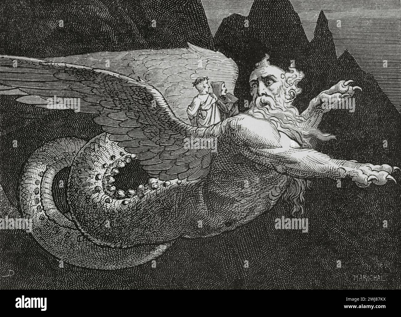 La Divina Commedia (1307-1321). Poema narrativo italiano del poeta italiano Dante Alighieri (1265-1321). Inferno (Inferno). "...ora, Geryon, vai avanti!" Illustrazione di Yann Dargent (1824-1899). Incisione di Marichal. Pubblicato a Parigi, 1888. Foto Stock