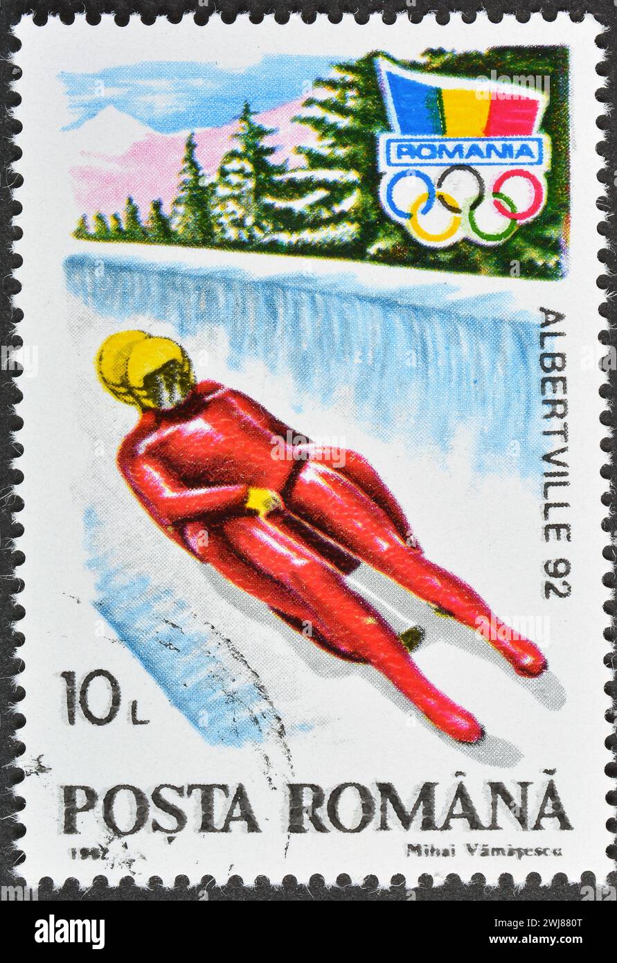 Francobollo cancellato stampato dalla Romania, che mostra i Giochi Olimpici invernali 1992 - Albertville, circa 1992. Foto Stock