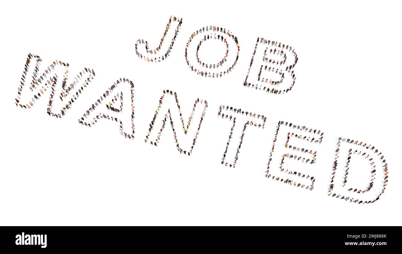 Concetto concettuale grande comunità di persone che formano LAVORO VOLUTO messaggio. 3d metafora illustrativa per il lavoro, le risorse umane, l'occupazione, il reclutamento Foto Stock