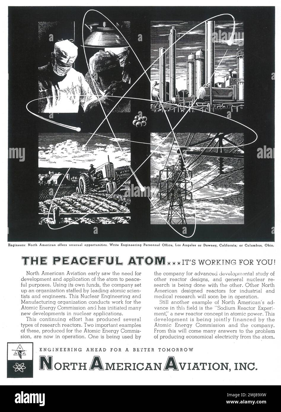 1955 North American Aviation, annuncio a stampa della compagnia aerospaziale. "Il pacifico atom..it's che lavora per te. La progettazione in vista di un futuro migliore" Foto Stock