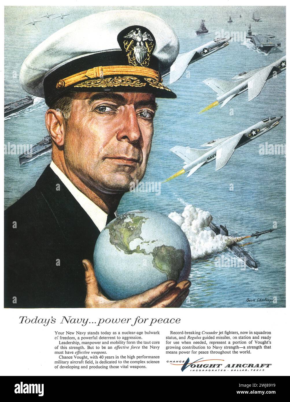 1950s Chance Vought Aircraft stampa ad. "La Marina di oggi... potere per la pace." Foto Stock