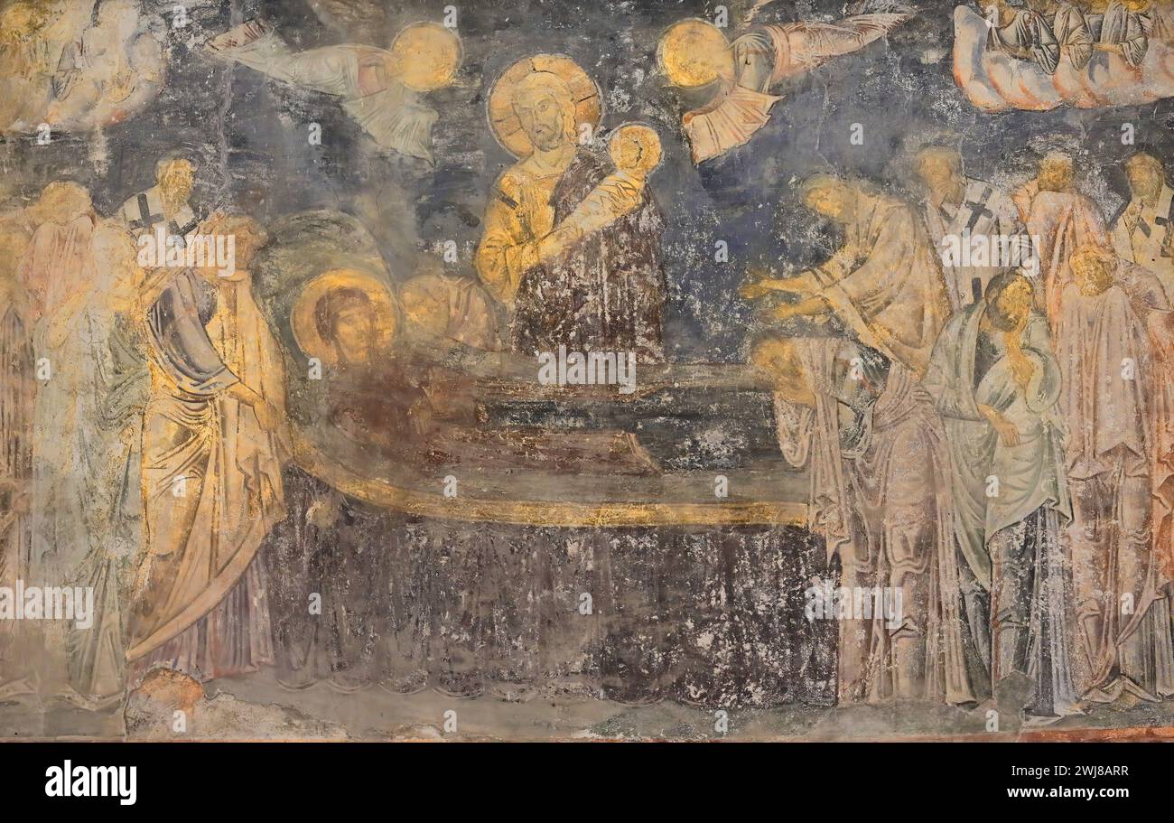 313 affresco della Dormizione della Vergine, parete ovest sopra l'ingresso principale della chiesa di Santa Sofia - Crkva Sveta Sofija. Ohrid-Macedonia del Nord. Foto Stock