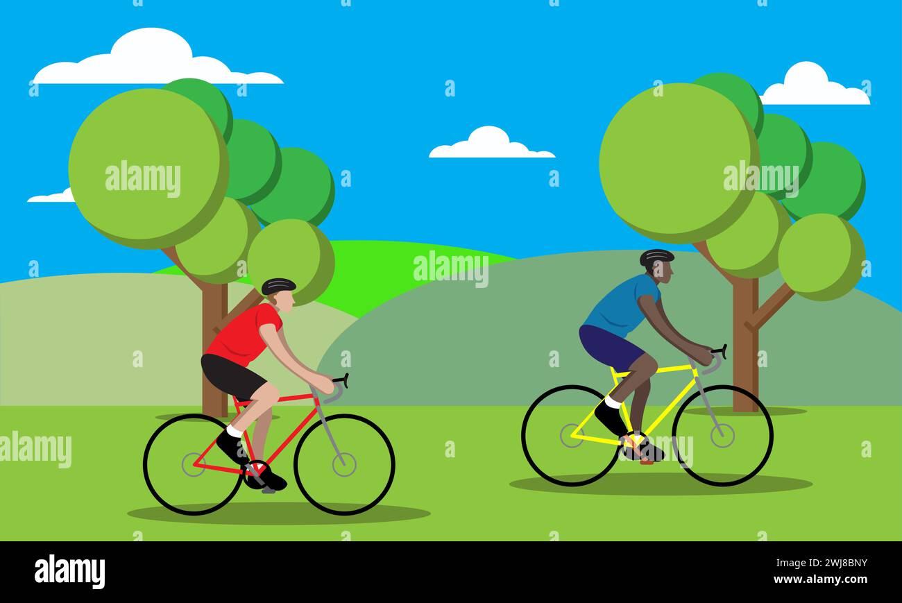 Andare in bicicletta nel parco, concetto di stile di vita sano all'aperto Illustrazione Vettoriale