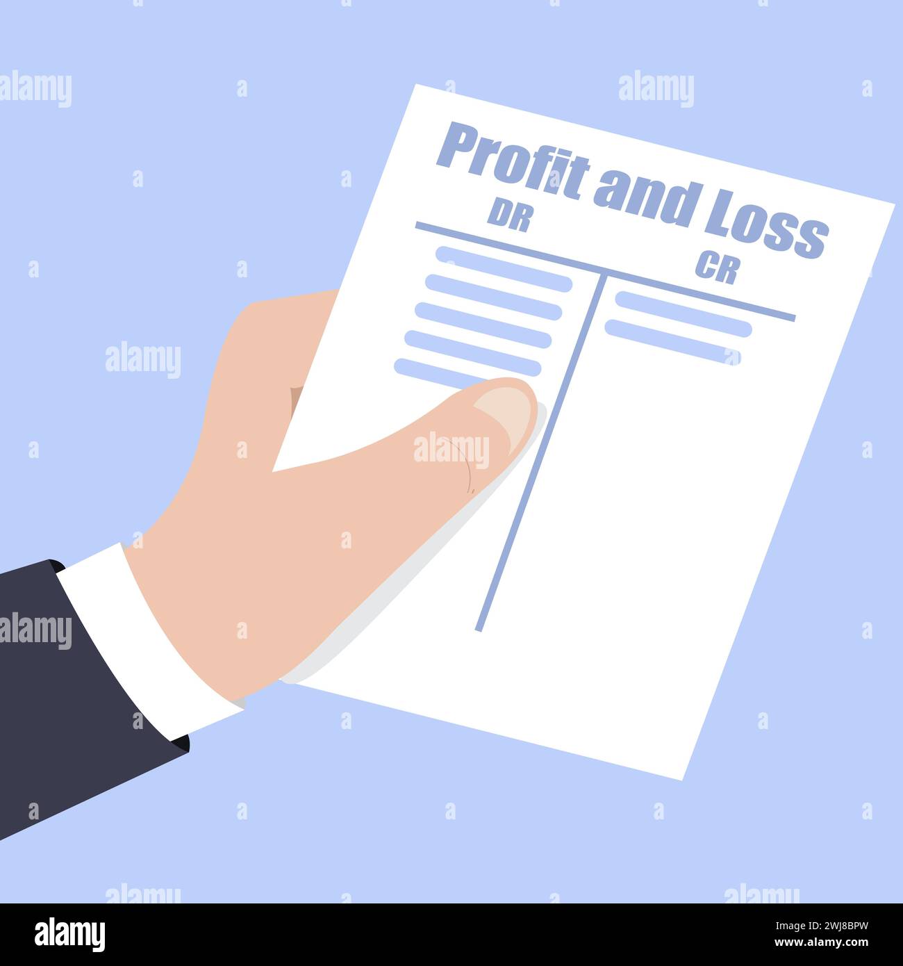 Tenere a mano una copia del conto profitti e perdite di un'azienda, il contabile che prepara il concetto di contabilità Illustrazione Vettoriale