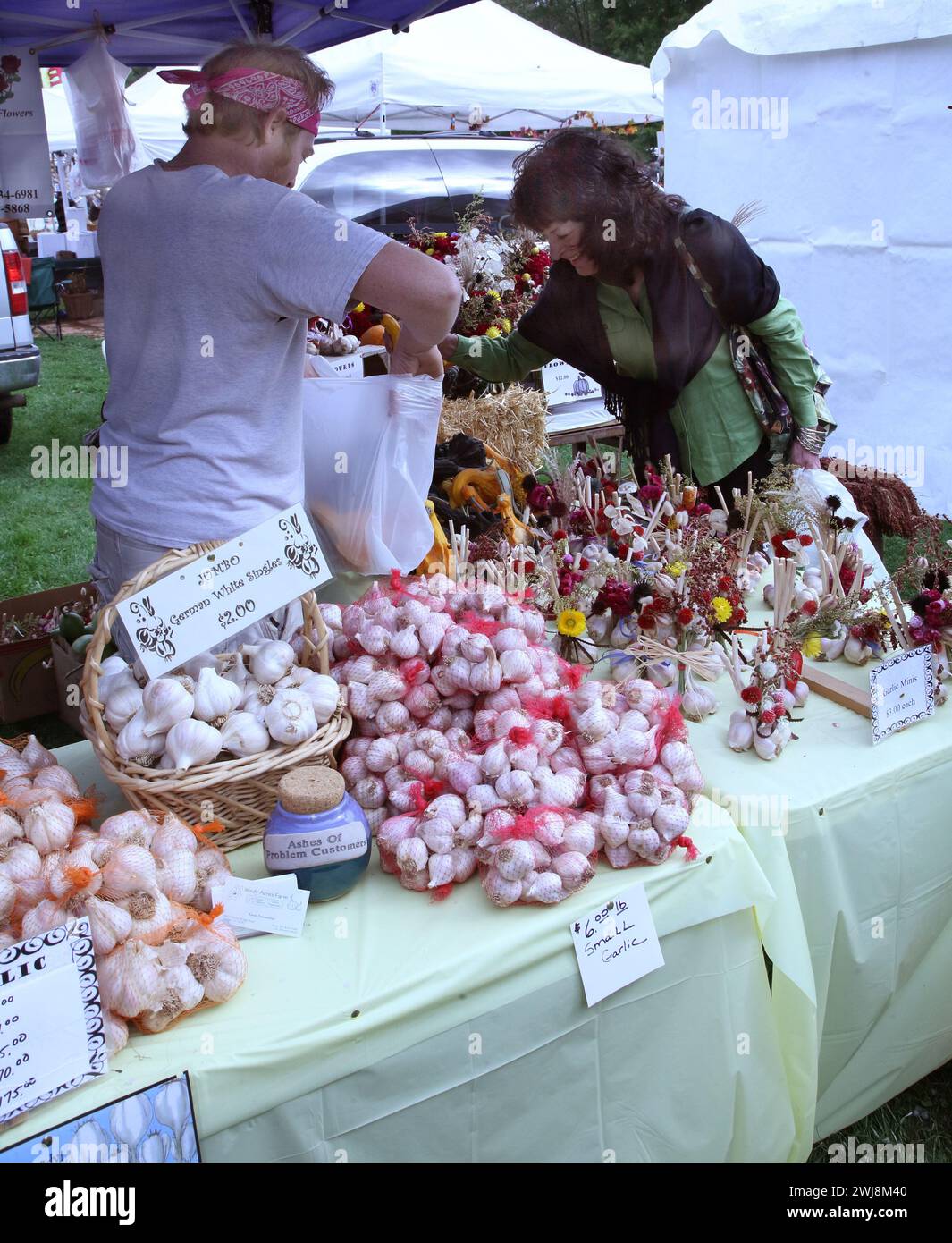 Venditore di aglio all'Hudson Valley Garlic Festival, Saugerties, New York Foto Stock