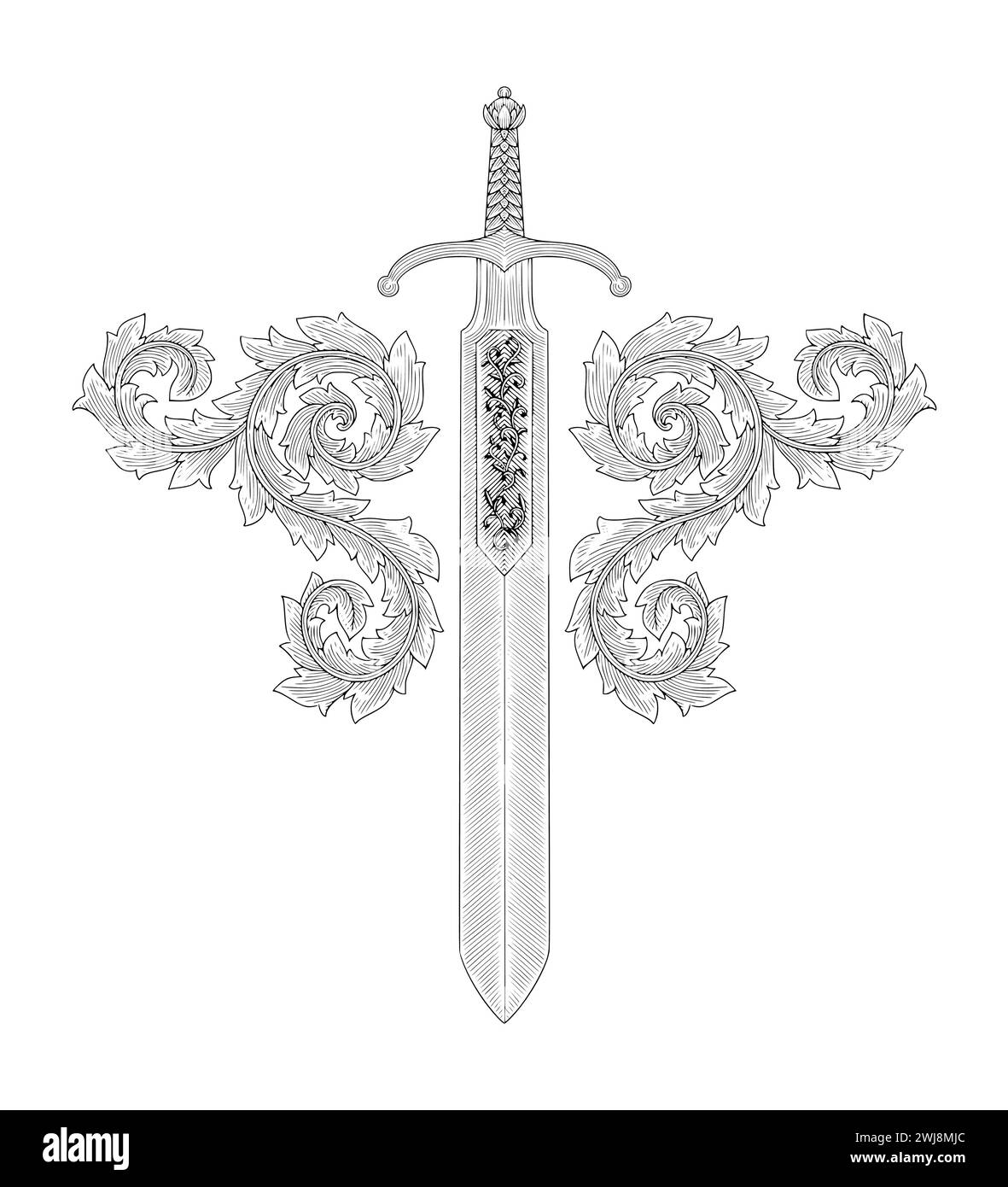 spada antica con ornamento, incisione vintage illustrazione in stile disegno Illustrazione Vettoriale