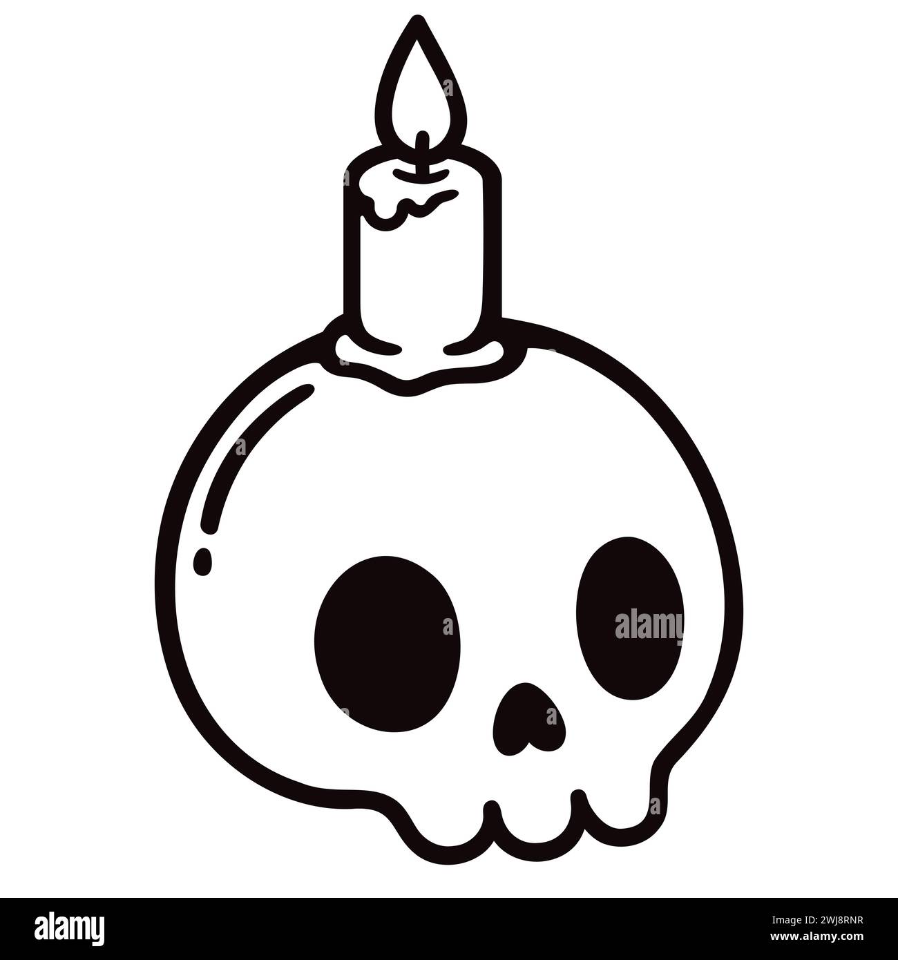 Disegno del cranio del cartone animato con candela. Icona a forma di doodle di Halloween disegnata a mano, decorazione Day of the Dead. Illustrazione vettoriale grafica in bianco e nero. Illustrazione Vettoriale