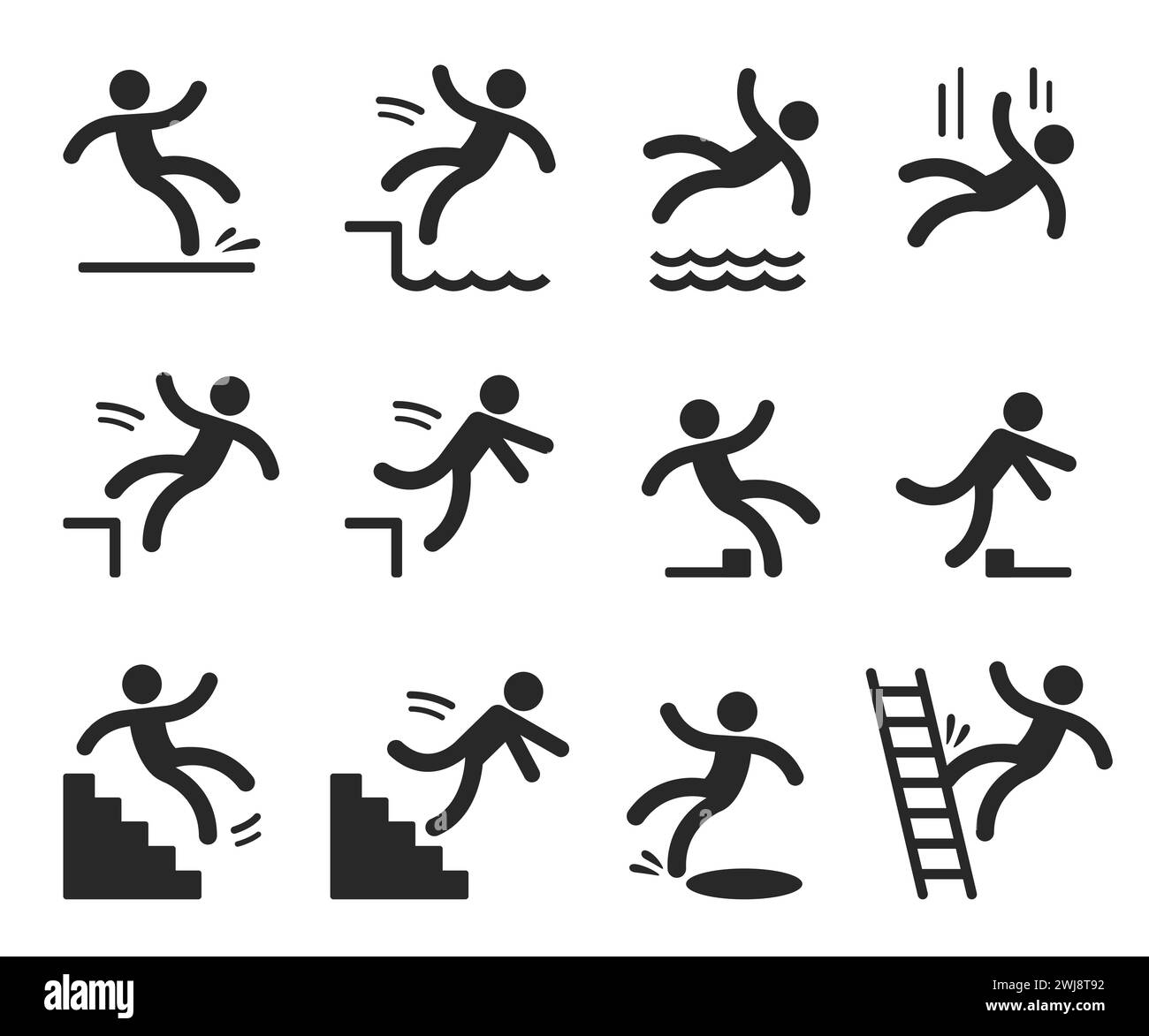 Simboli di attenzione con il personaggio dell'avambraccio che cade. Pavimento bagnato, inciampo, caduta da scale, scala, acqua, bordo. Sicurezza sul luogo di lavoro e illus vettoriale di lesioni Illustrazione Vettoriale