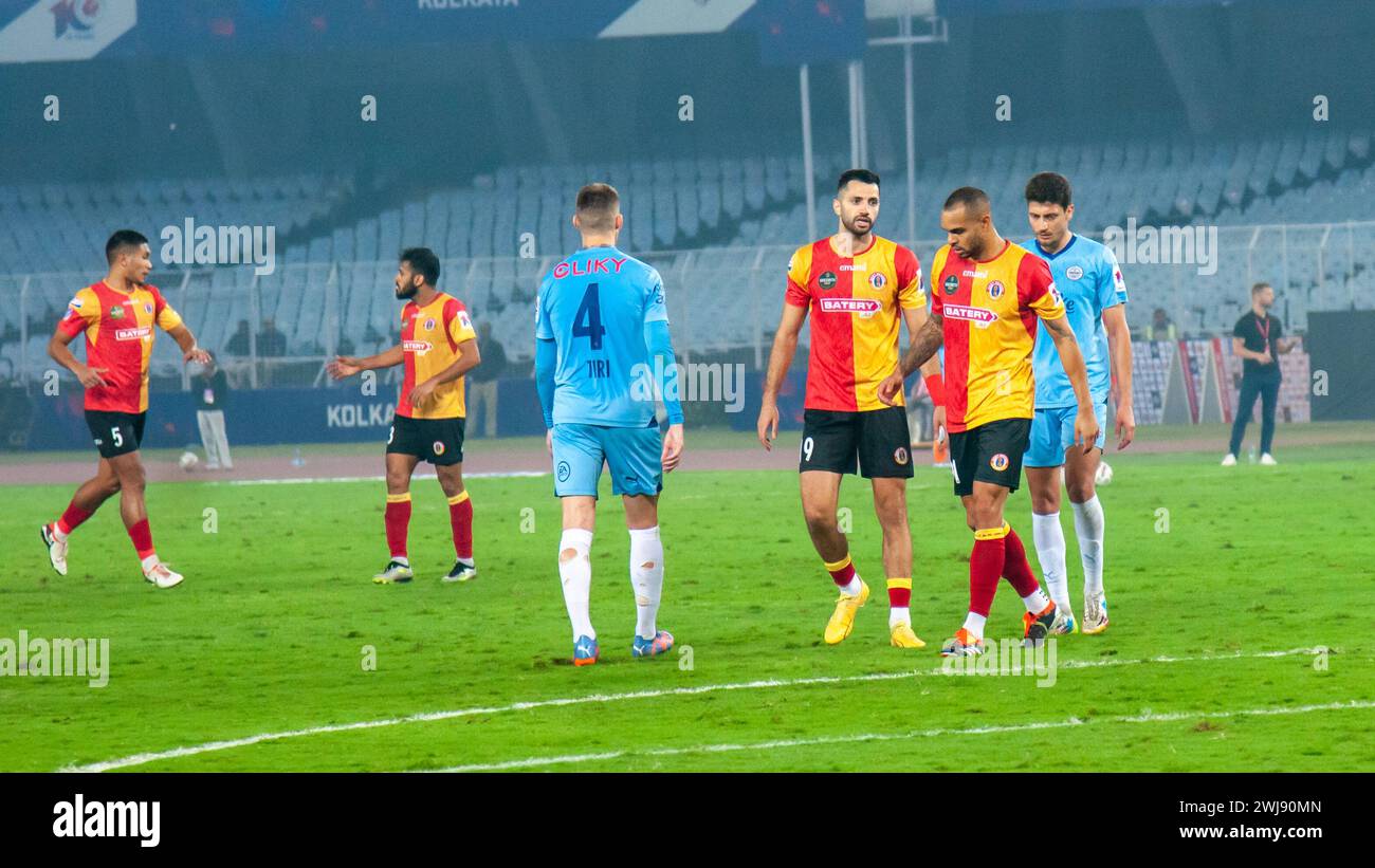 Kolkata, Bengala Occidentale, India. 13 febbraio 2024. Il Mumbai City FC sconfisse l'East Bengal FC con 1-0 di margine al Salt Lake Stadium nella Indian Super League 2023-24 allo stadio Salt Lake. Iker Guarrotxena (23') segnò l'unico gol della partita. (Credit Image: © Amlan Biswas/Pacific Press via ZUMA Press Wire) SOLO PER USO EDITORIALE! Non per USO commerciale! Foto Stock