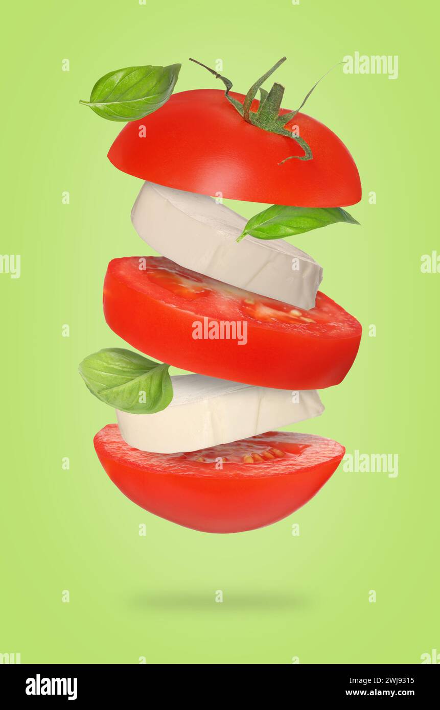 Ingredienti per insalata caprese. Pomodoro fresco, basilico e mozzarella su sfondo verde Foto Stock