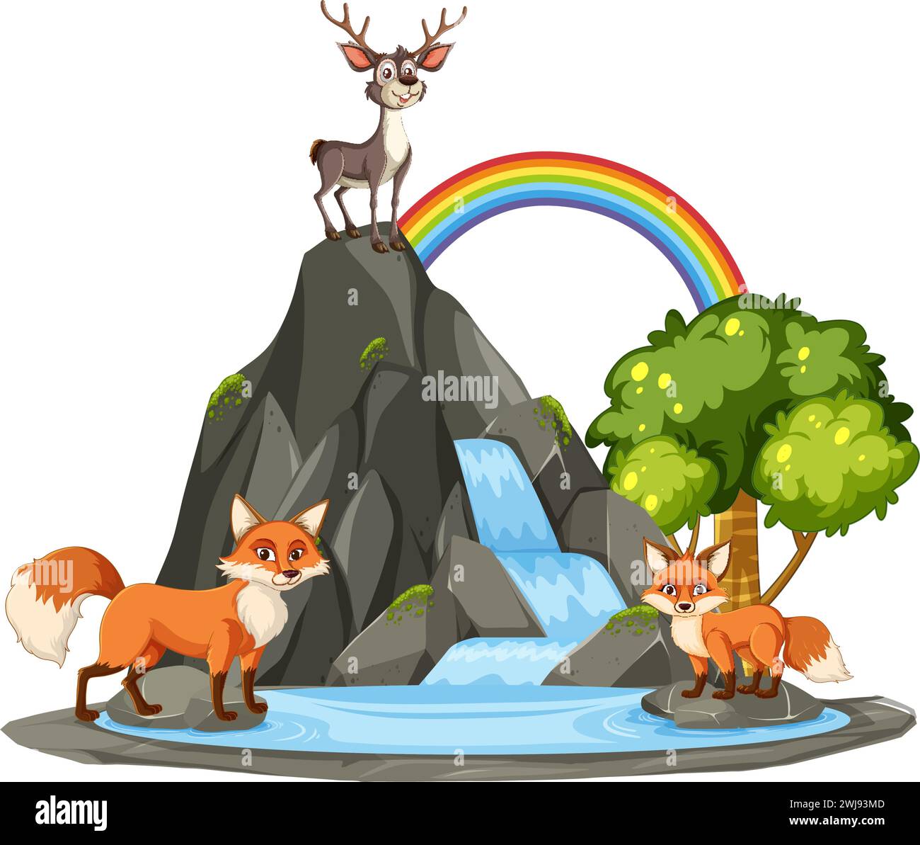 Illustrazione di animali vicino a una cascata con un arcobaleno Illustrazione Vettoriale