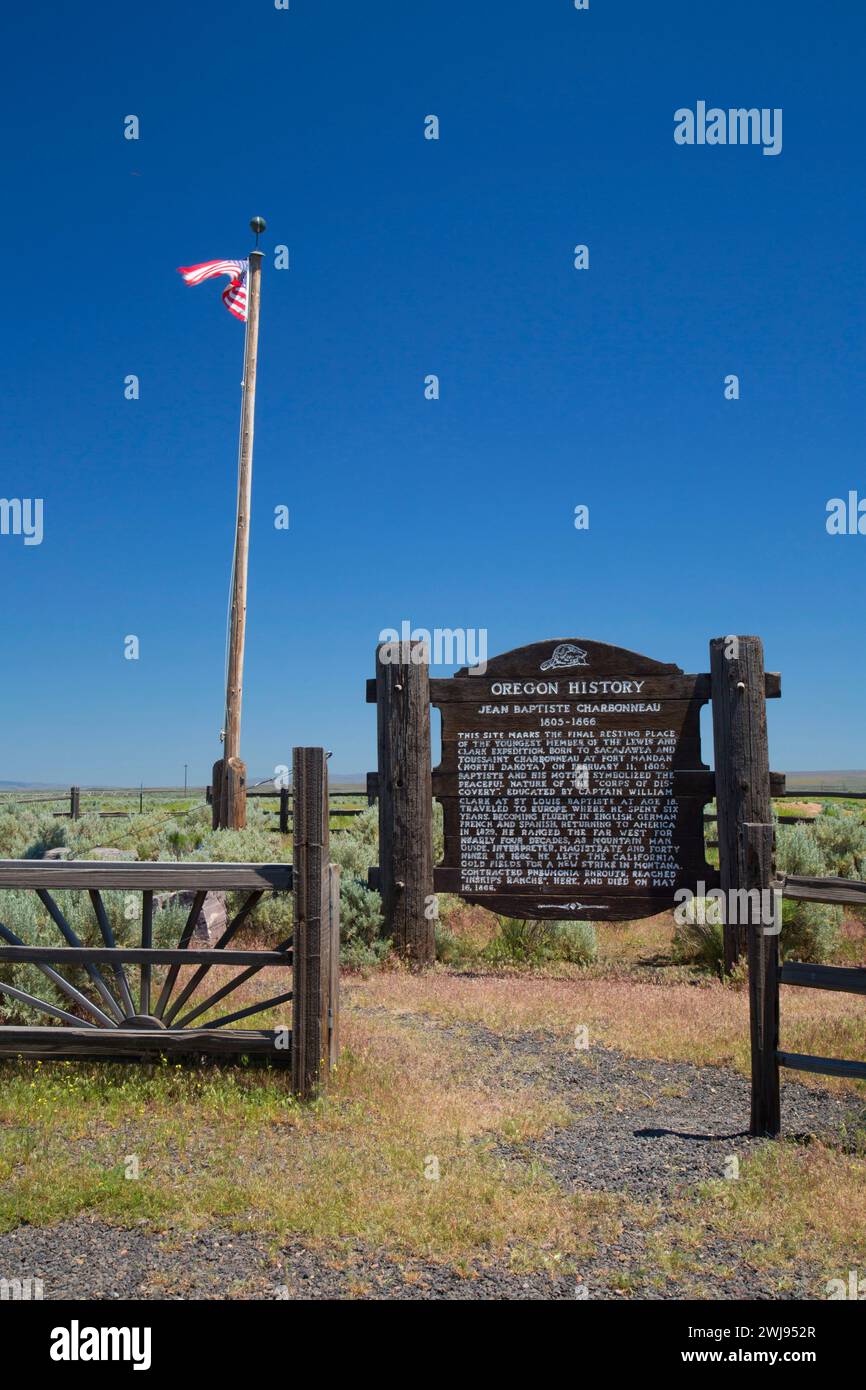 La storia insegna a Jean Baptiste Charbonneau grave, Danner, Oregon Foto Stock