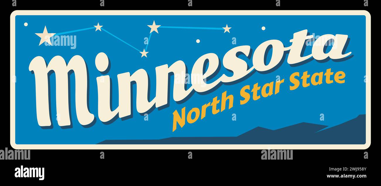 Targa da viaggio dello stato del nord del Minnesota, bandiera del turismo degli Stati Uniti con il cartello della costellazione. Cartolina d'epoca della capitale di Saint Paul, Minneapolis. Stato nella regione del Midwest superiore degli Stati Uniti Illustrazione Vettoriale