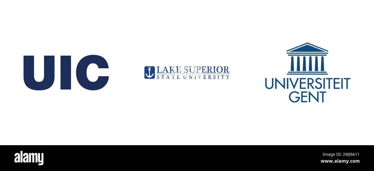 UIC, LAKE SUPERIOR STATE UNIVERSITY, GHENT UNIVERSITY. logo vettoriale su sfondo isolato. Illustrazione Vettoriale