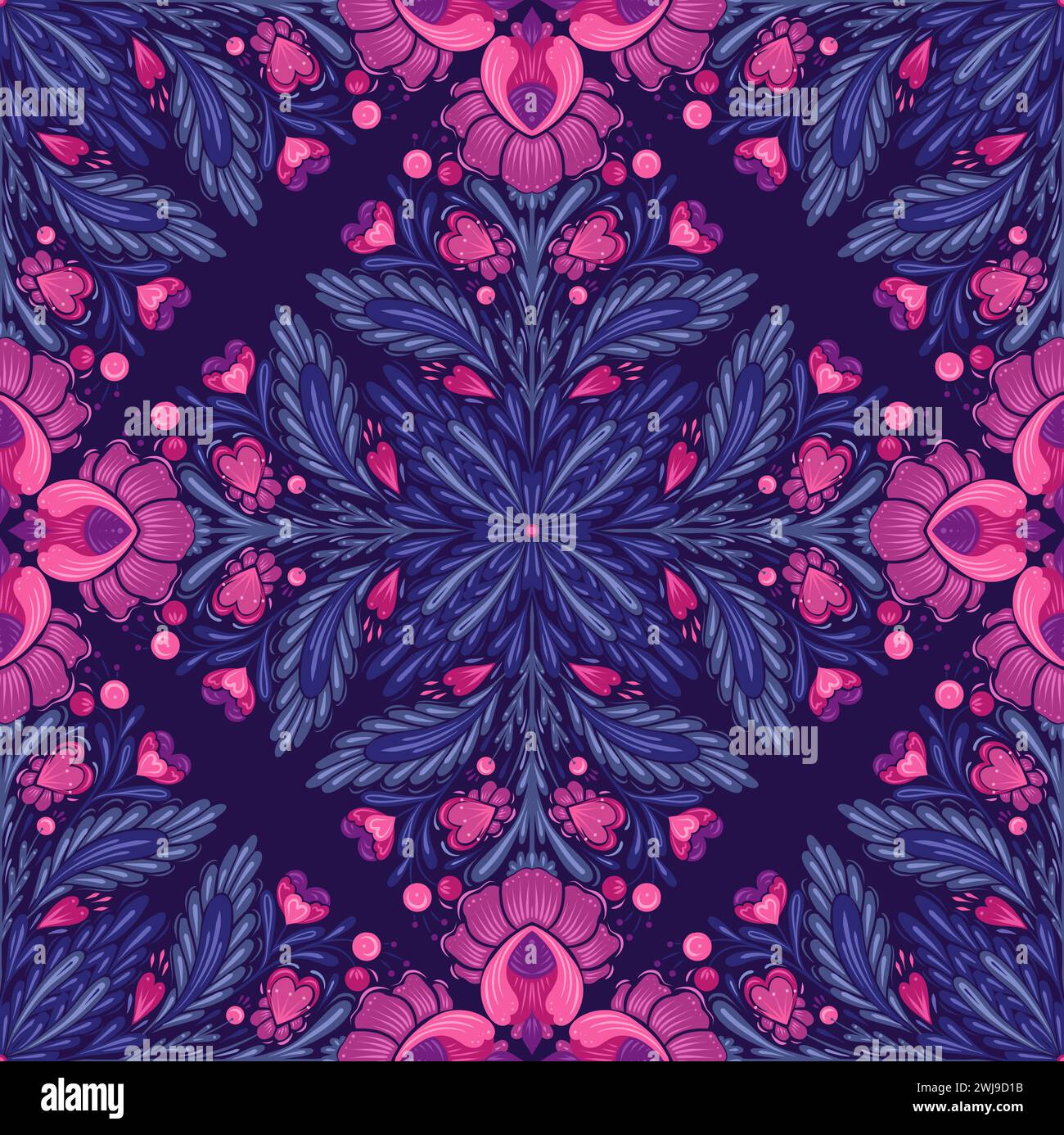 Texture decorativa di arte popolare con fiori geometrici, cuori e steli con fogliame su sfondo viola. Motivo floreale Vector Festive senza cuciture Illustrazione Vettoriale