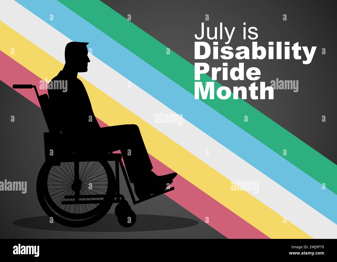 Silhouette di un uomo su una sedia a rotelle con la bandiera del mese dell'orgoglio della disabilità come sfondo, gli americani con disabilità agiscono Illustrazione Vettoriale