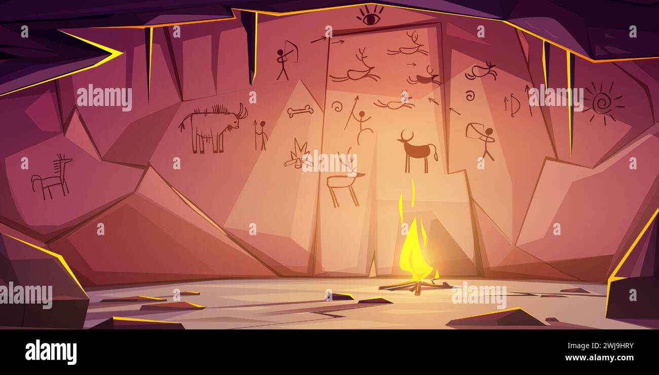 Grotta preistorica con pitture primitive di caverna su pareti di pietra e fuoco. Dungeon della tribù dei neanderthal, vettore cartoni animati. Aborigeni che abitano in una caverna sotterranea di roccia con antichi disegni e falò. Illustrazione Vettoriale