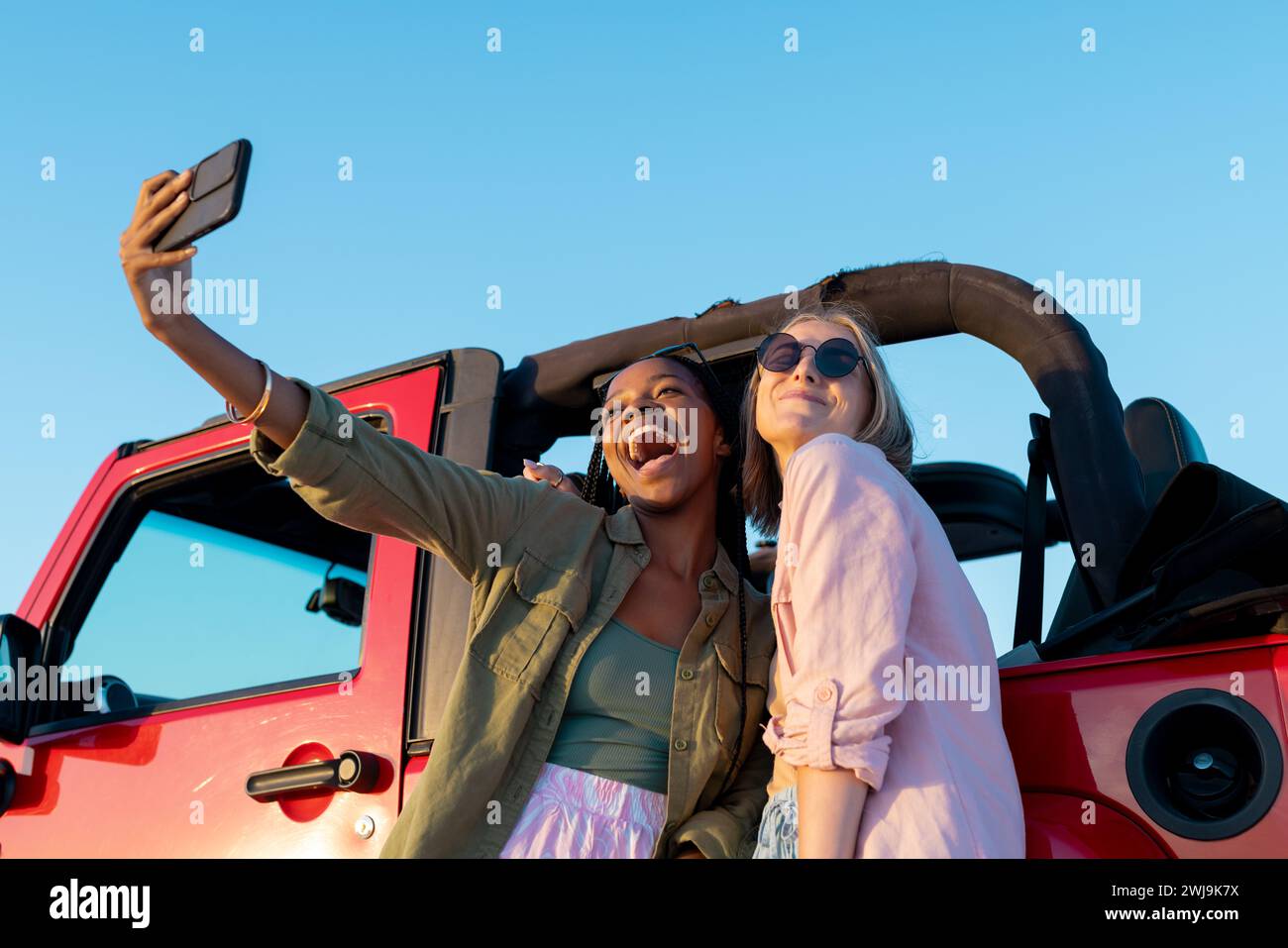 Amici diversi scattano un selfie in auto durante un viaggio Foto Stock