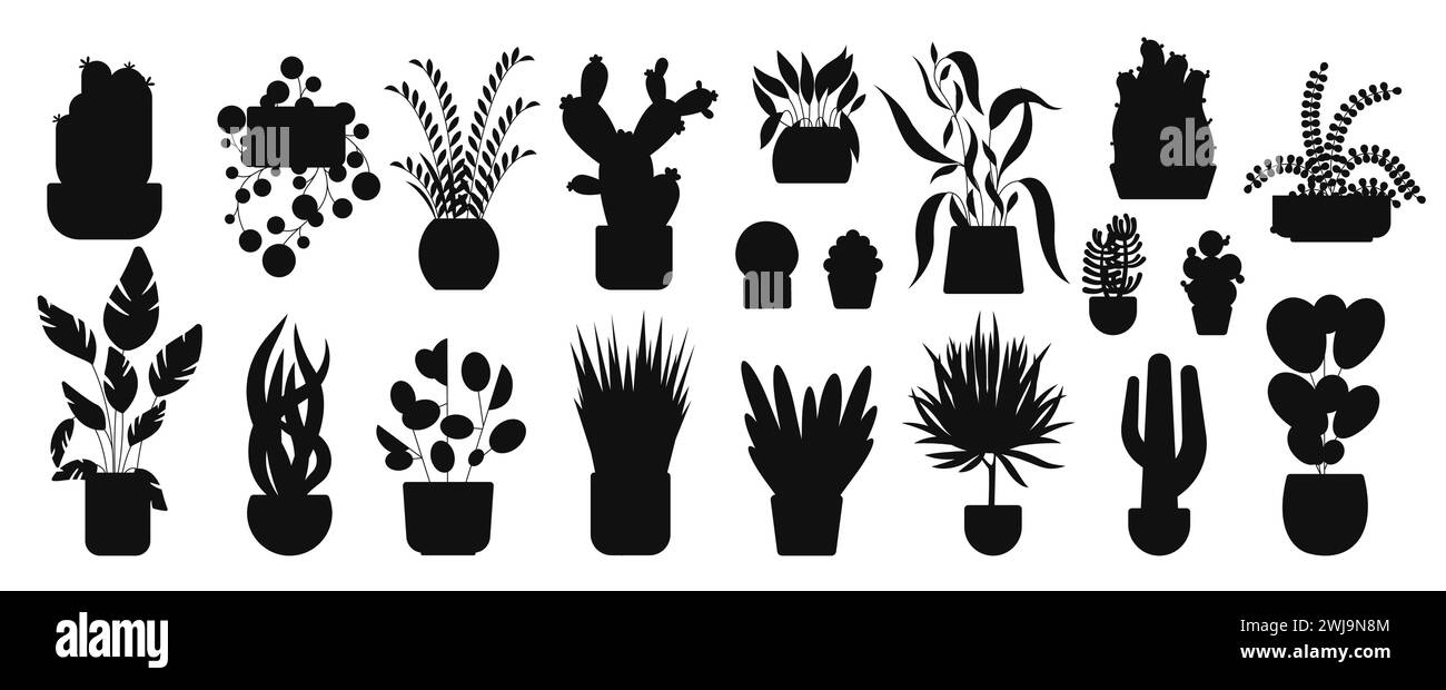 Silhouette di piante d'appartamento. Icone del giardino Flowerpot, piante da interno che crescono in vasi, decorazioni botaniche frondose per la decorazione d'ufficio. Gruppo vettoriale Illustrazione Vettoriale