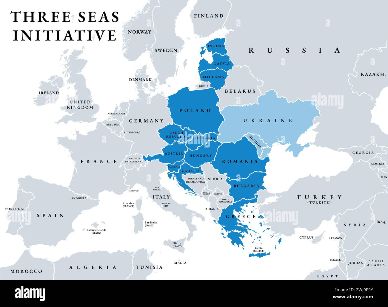 Iniziativa dei tre mari, 3SI o TSI, mappa politica. Noto anche come BABS per Baltic, Adriatic, Black Sea Initiative. Un forum di 13 stati dell'Unione europea. Foto Stock