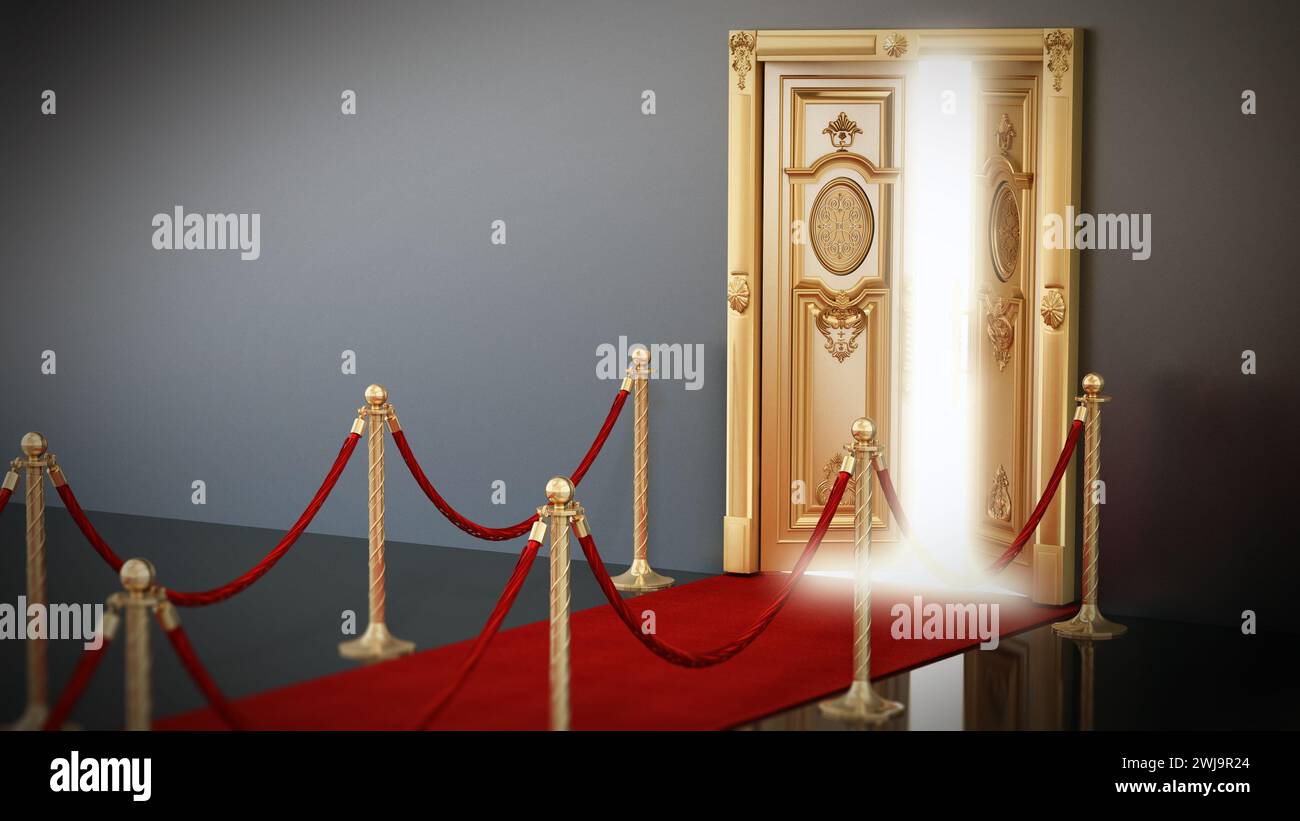 Tappeto rosso e corde di velluto che conducono alla porta dorata a metà apertura. Illustrazione 3D. Foto Stock