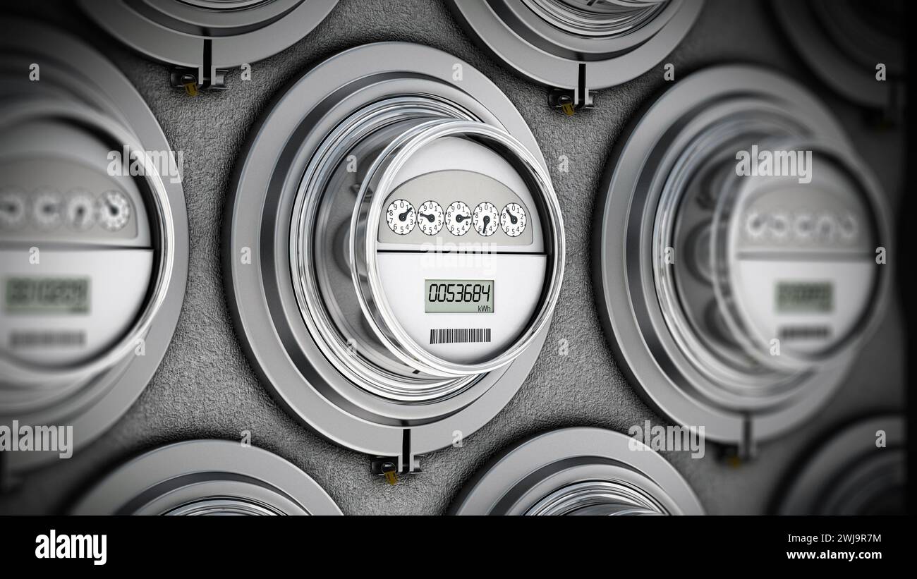 Contatori elettrici intelligenti a risparmio energetico in fila. Illustrazione 3D. Foto Stock