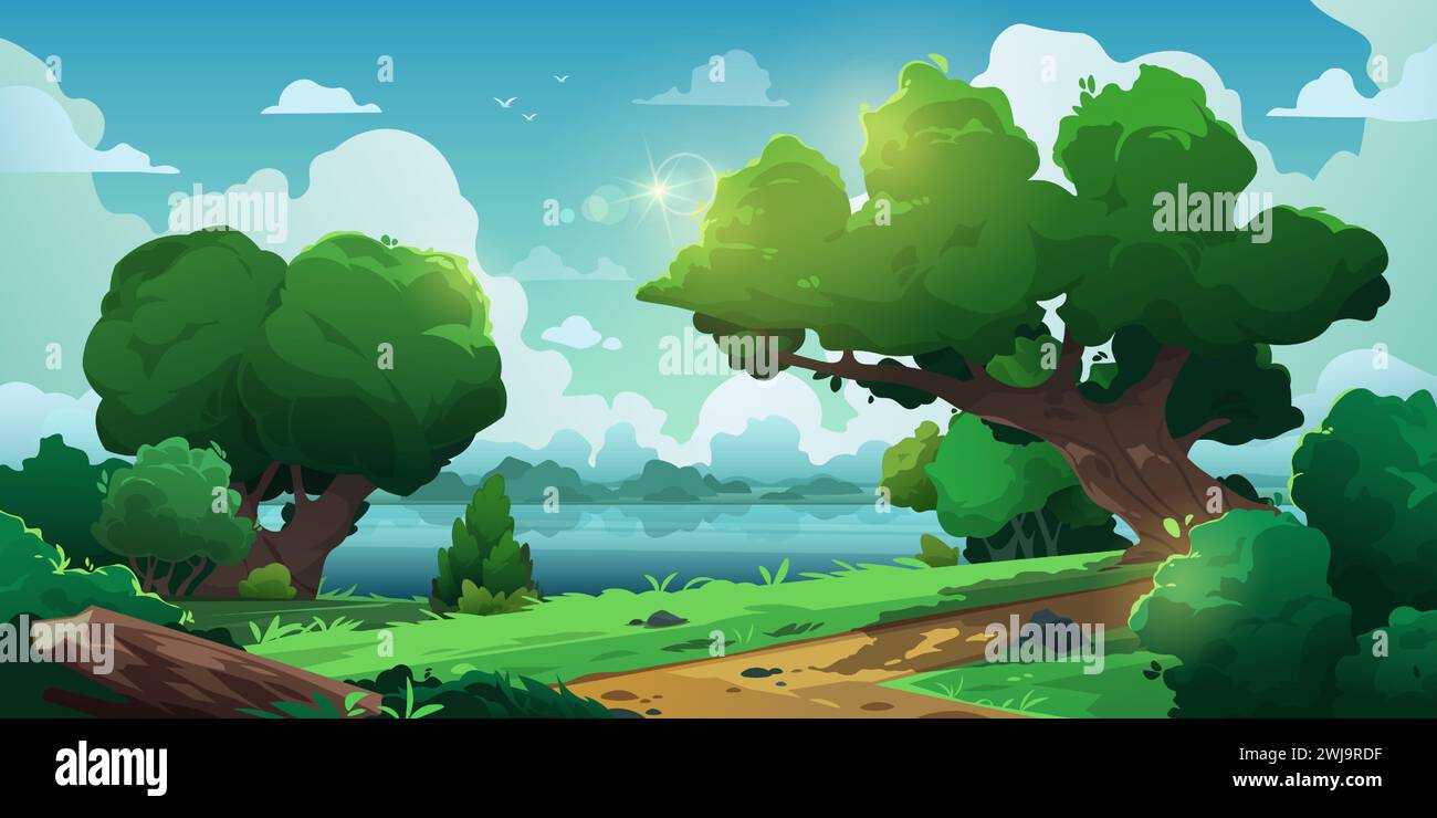 Paesaggio rurale con arbusti. Panorama estivo con prati e cespugli, campagna idilliaca con alberi e erba lontani. Illustrazione vettoriale Illustrazione Vettoriale