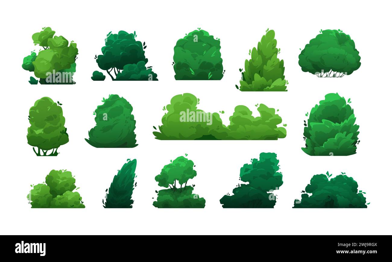 Cespugli di cartoni animati. Arbusti e alberi verdi per giardino, siepi e campi, elementi decorativi floristici in stile piatto. Set isolato vettoriale Illustrazione Vettoriale
