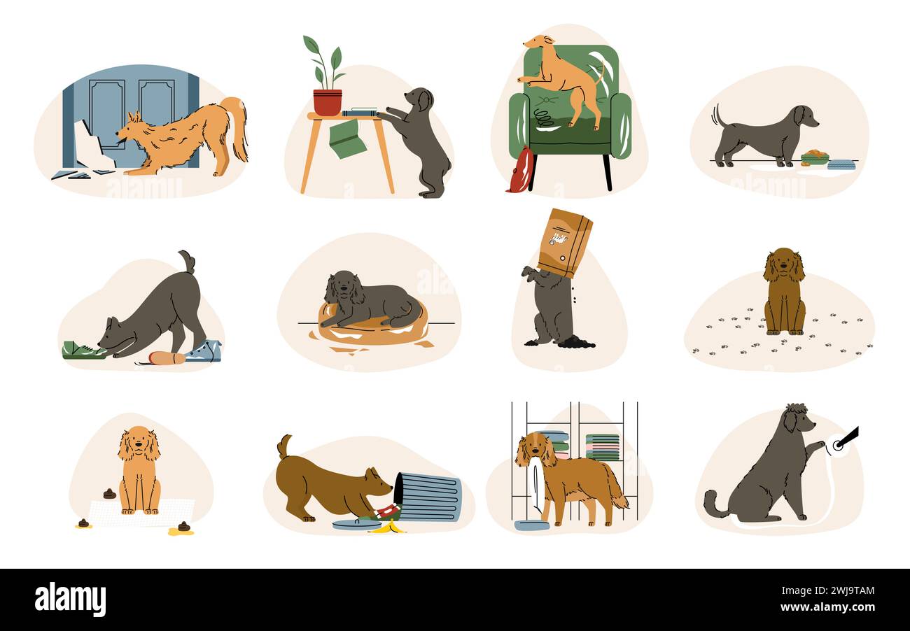 Cani che fanno disordine. I cuccioli cattivi dei cartoni animati distruggono e danneggiano il territorio nazionale, il comportamento dei cuccioli e il concetto di umore. Set isolato vettoriale Illustrazione Vettoriale