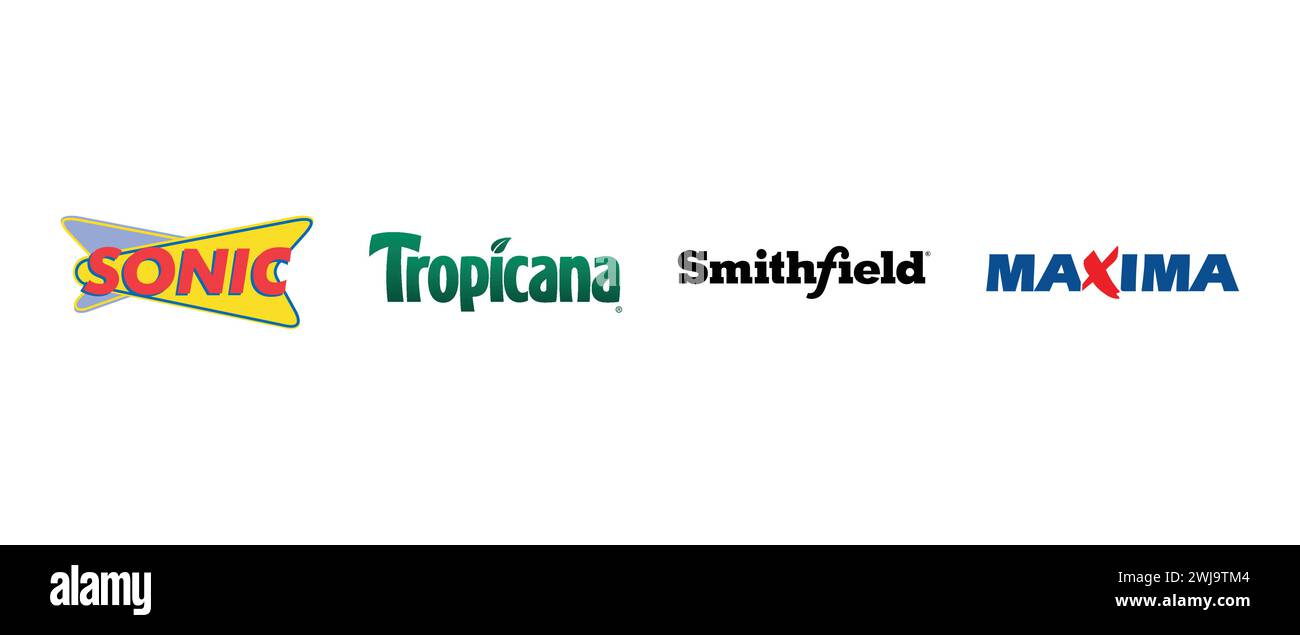 Sonic, Tropicana Products, Maxima, Smithfield Foods. Illustrazione vettoriale, logo editoriale. Illustrazione Vettoriale