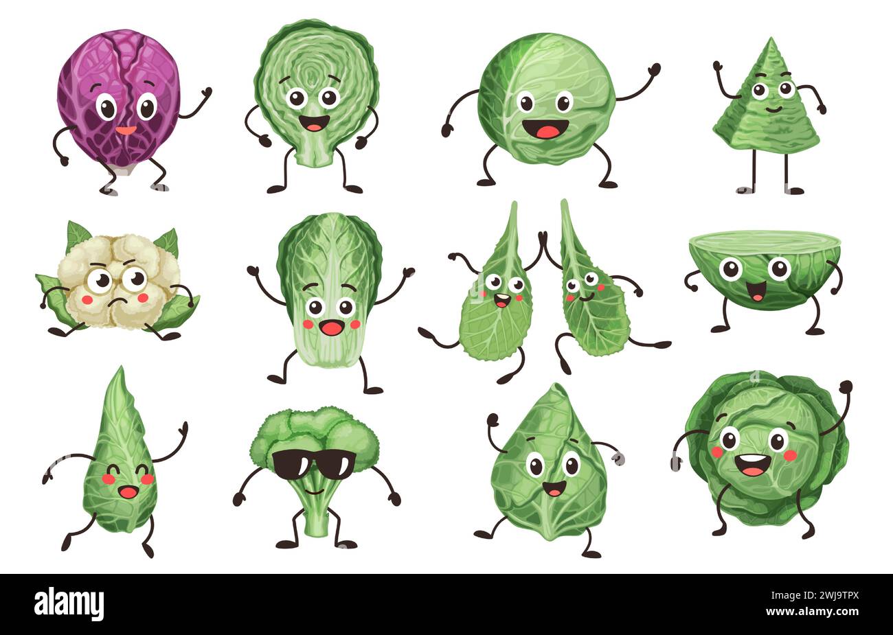 Personaggi dei cavoli dei cartoni animati. Volti vegetali con emozioni diverse, divertenti cavoli di bruxelles e volti di cavolfiore con emozioni diverse. Fumetto vettoriale Illustrazione Vettoriale