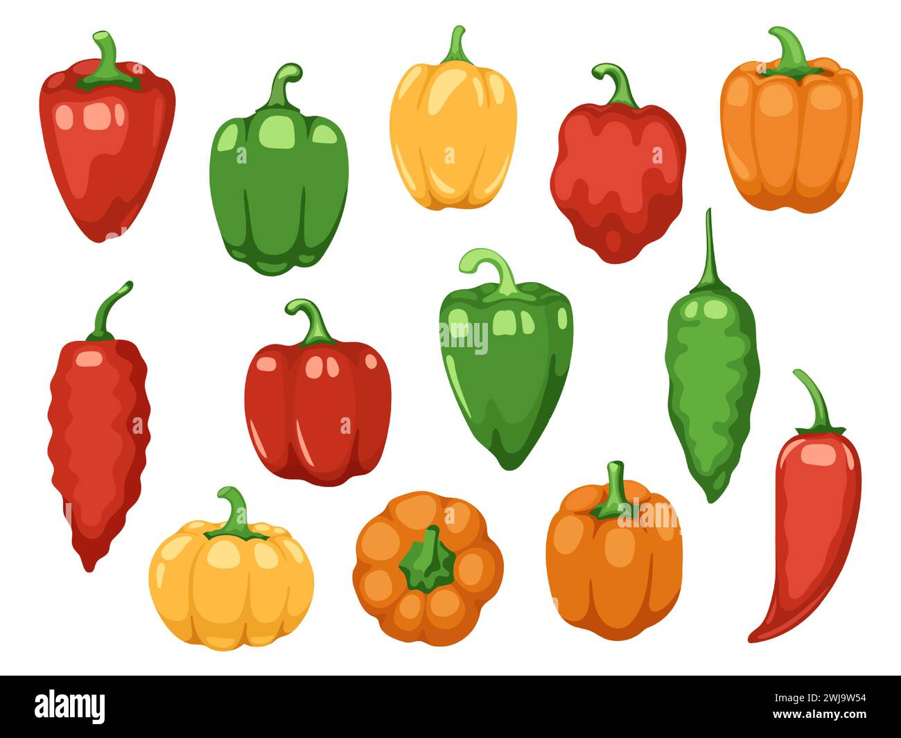 Vari peperoni. Cartoni animati rosso verde giallo arancio paprika dolce, verdure biologiche fresche per cucinare e mangiare sano. Set colorato vettoriale Illustrazione Vettoriale