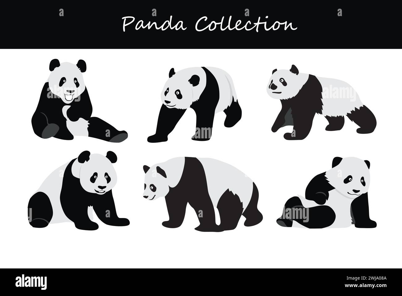 Set Panda isolato su sfondo bianco. Design piatto. Illustrazione vettoriale. Illustrazione Vettoriale