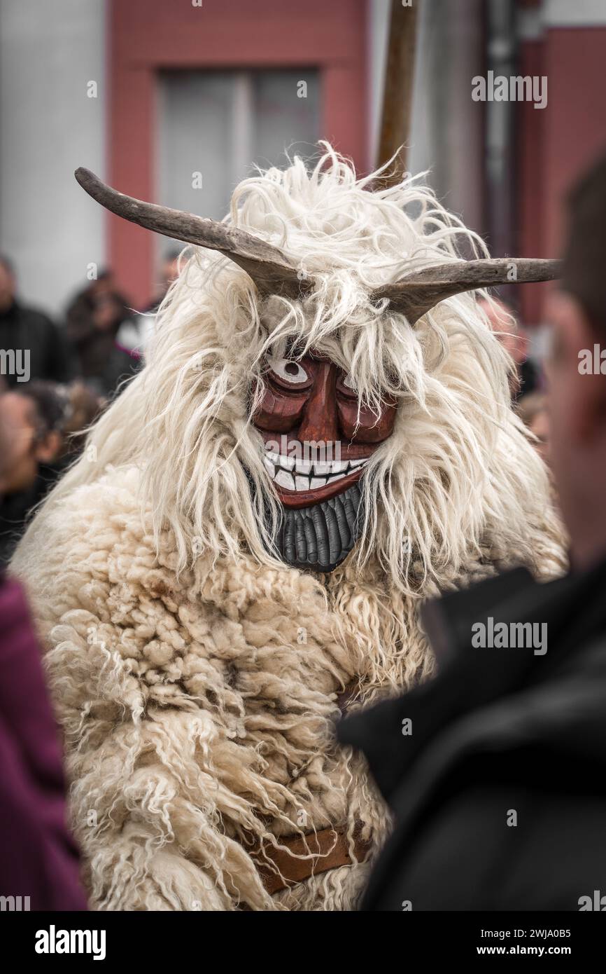 Mohács, Ungheria - 11 febbraio 2024: Foto di un Busó che indossa una maschera con una strana espressione di grin a Mohács Busójárás 2024; sfondo Busó-walking Foto Stock