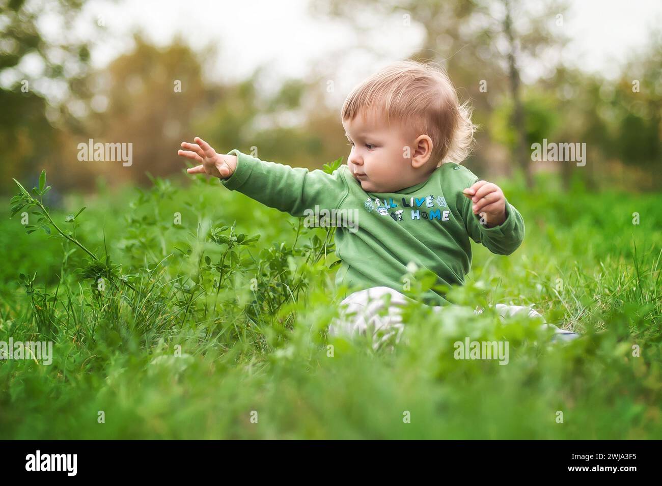 Il bambino che ride si diverte seduto sull'erba durante il giorno di sole. Ora legale, bambino felice Foto Stock
