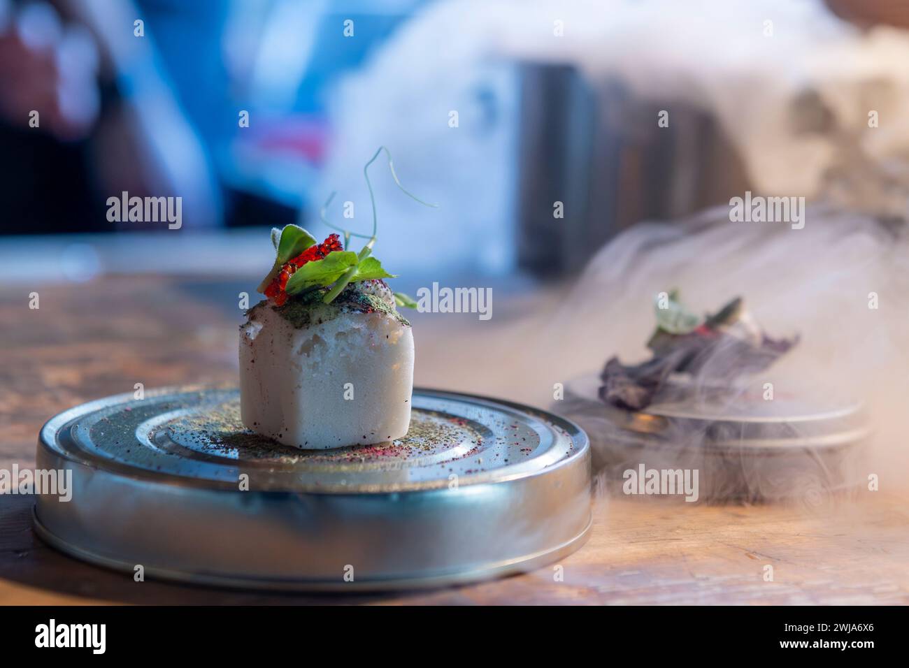 Uno splendido piatto fusion di un ristorante stellato Michelin a Zermatt mette in mostra l'eccellenza culinaria con una presentazione artistica del mare locale Foto Stock
